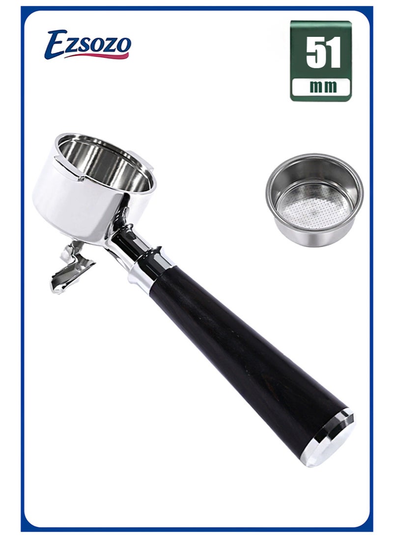 EZSOZO 51mm Portafilter 304 Stainless Steel with 2 Ears and Double Spout Compatible for Delonghi ECP3420、ECP3630、ECP3120、EC260、ECP35.31 Includes Filter Basket with Wooden Handle（Black） - Image 1